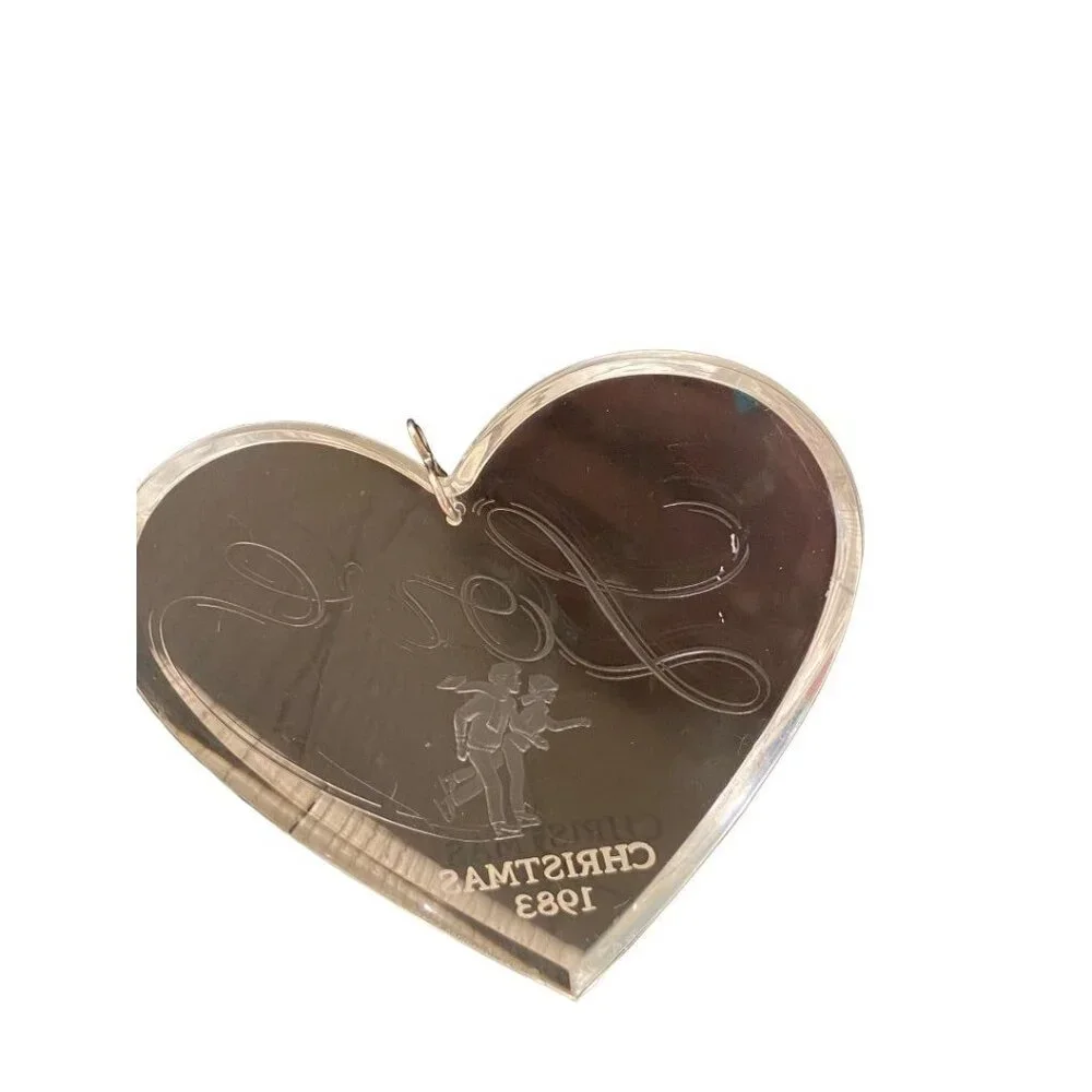 Clear Acrylic Christmas 1983 Ornament Love Ice Skaters Heart Shape 3 3/4